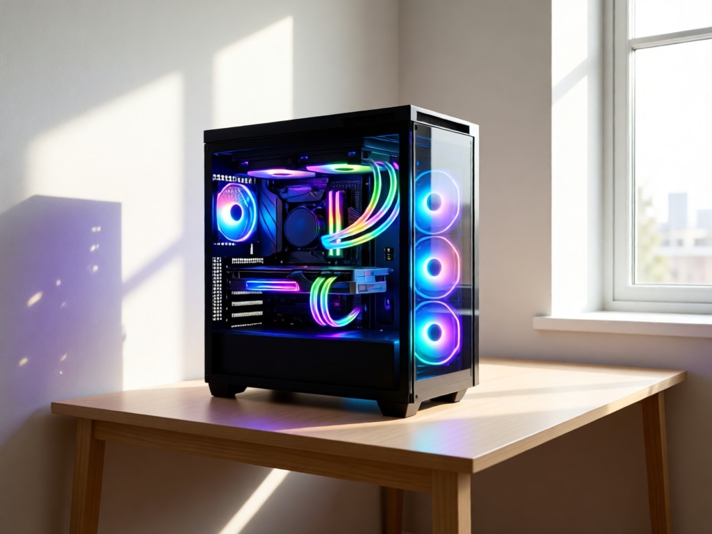 Minimalist desk with a transparent PC case showing glowing components. Soft daylight highlights liquid cooling tubes and RGB lighting. Clean composition with negative space. No people.