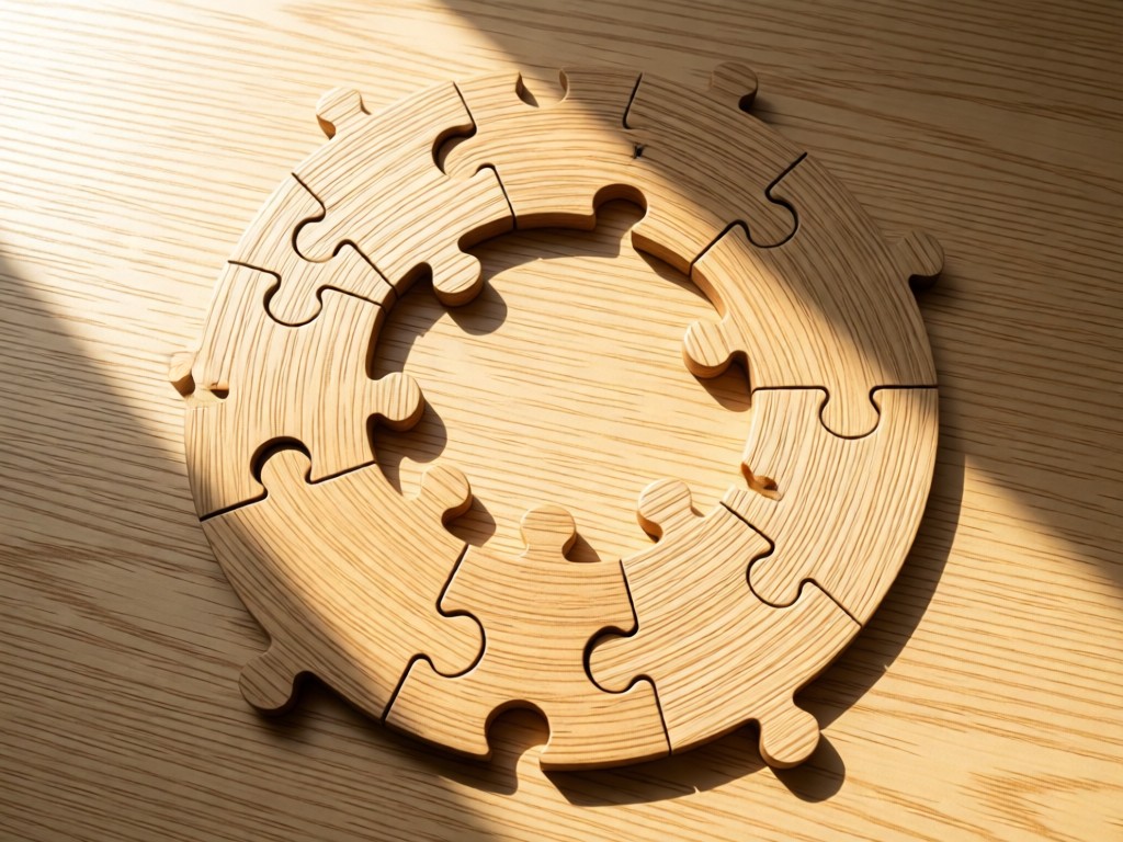 A flatlay of connected wooden puzzle pieces forming a circle on a light oak table. Sunlight highlights the grain patterns and interlocking edges. No people.