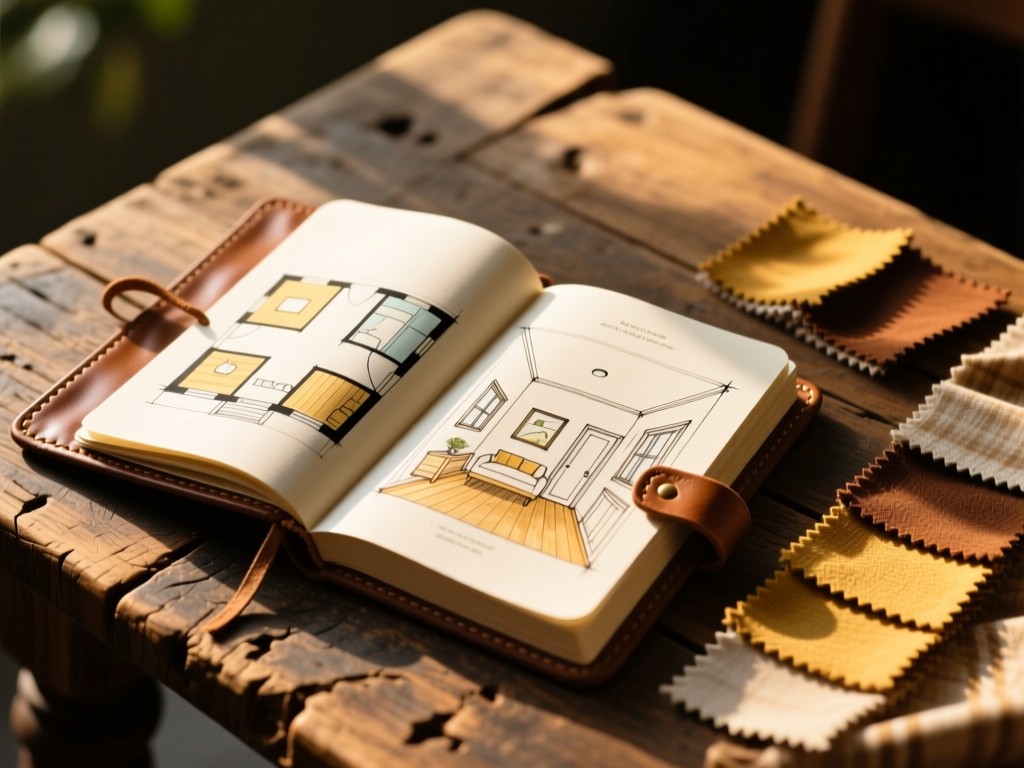 An open leather-bound sketchbook on a reclaimed wood table, showing hand-drawn room layouts beside fabric swatches, golden hour light creating warm shadows, shallow focus, no text visible.