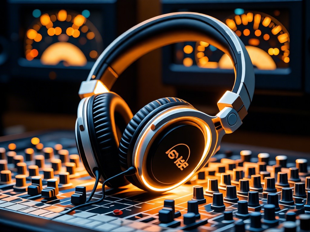 Close-up of studio headphones resting on a mixing console. Warm backlight creates glowing edges. Soft focus on analog VU meters in background. Clean, professional aesthetic. No people.