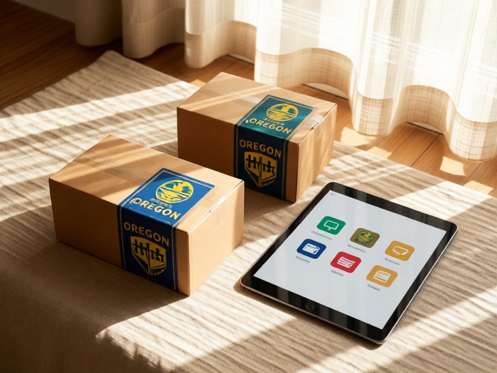 Stylish flat lay of shipping boxes with Oregon-themed labels beside a tablet showing checkout icons. Natural linen texture underneath. Soft shadows create depth. Afternoon light through sheer curtains. No people.