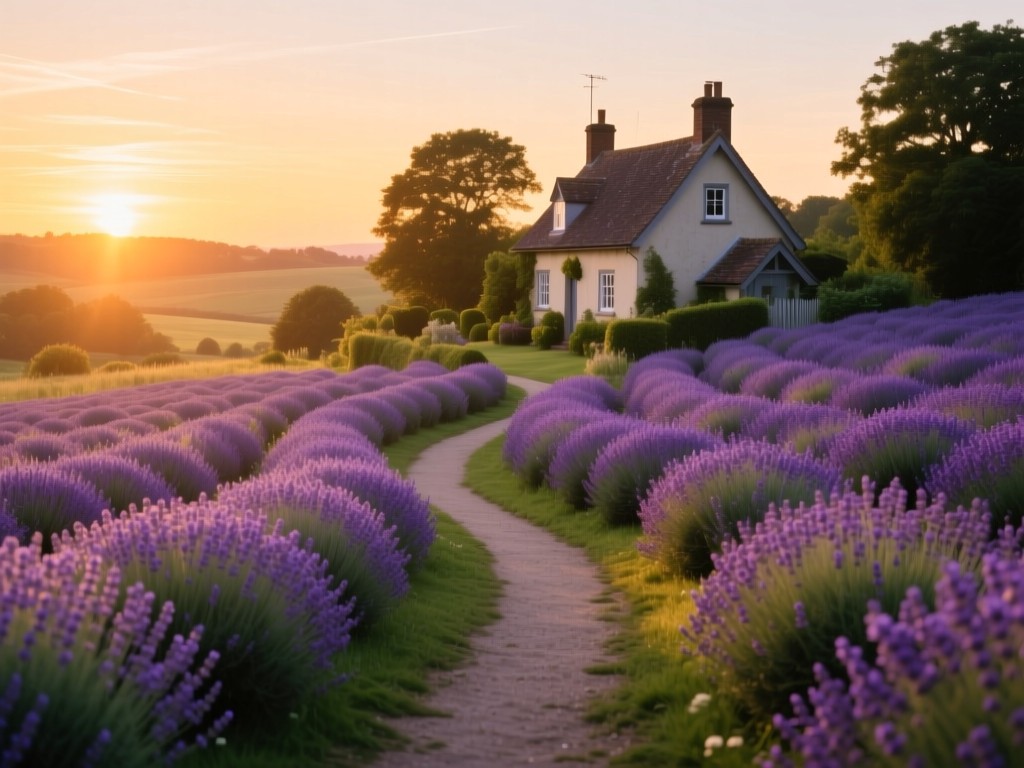 A winding garden path through lavender fields at sunset, leading toward a charming cottage, soft golden lighting, symbolic of discovery and new opportunities, natural color palette, no people.
