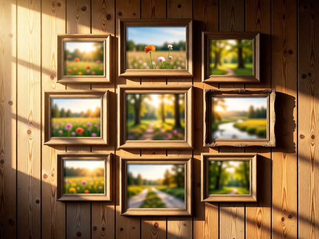 A rustic picture frame collage on a sunlit barnwood wall. Frames contain blurred nature photos. Morning light creates soft highlights. No people.