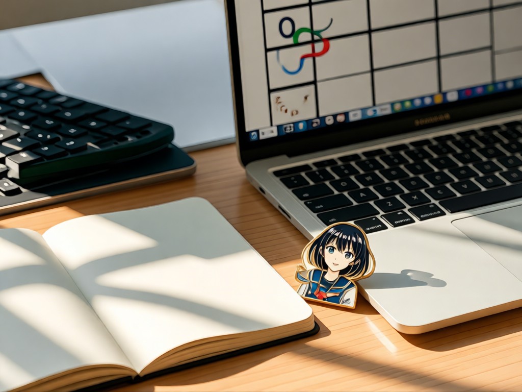 Minimalist desk setup with laptop showing clean product grid. Beside it, an anime enamel pin rests on notebook. Soft natural light creates warm shadows. No people.
