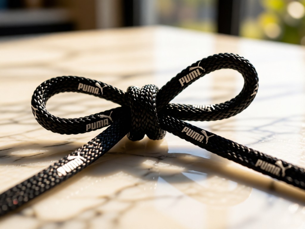 Puma shoelaces tied in an intricate knot on a marble surface. Symbolizes connection. Warm daylight with shallow depth of field. No people.