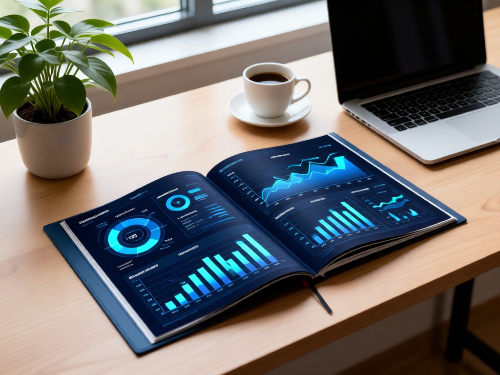 Modern desk with open portfolio showing data visualization charts. Coffee cup and plant beside laptop. Soft natural lighting. No people.