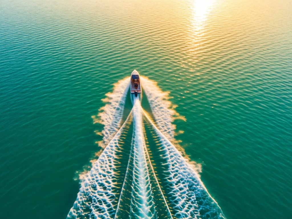 Aerial view of a single outboard motor cutting through turquoise water, creating a crisp V-shaped wake. Golden sunlight enhances the dynamic movement. No people.