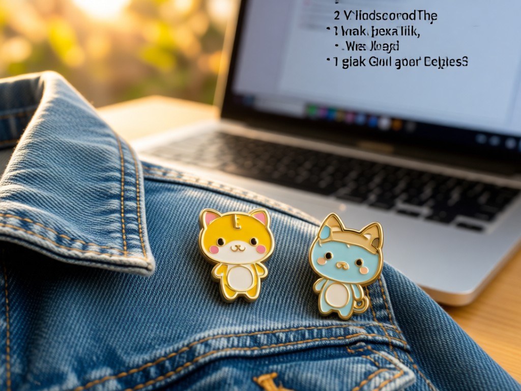Close-up of kawaii enamel pins on a denim jacket. Soft focus background shows a laptop with product links. Warm afternoon light. No people.