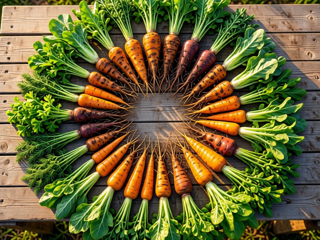 Overhead shot of vibrant organic vegetables arranged in circular patterns on a weathered farm table. Morning light highlights textures of soil-dusted roots and leafy greens. No people.