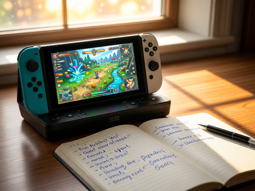 A close-up of a Nintendo Switch docked beside an open notebook. The screen displays a vibrant game screenshot while handwritten notes about gameplay mechanics lie nearby. Soft window light creates warm reflections.
