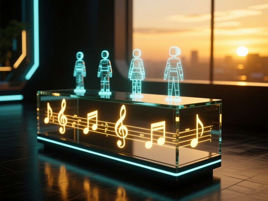 A futuristic glass console glowing with holographic music notes and digital avatars during golden hour, soft neon reflections on a dark surface, shallow depth of field, cinematic lighting, no people.