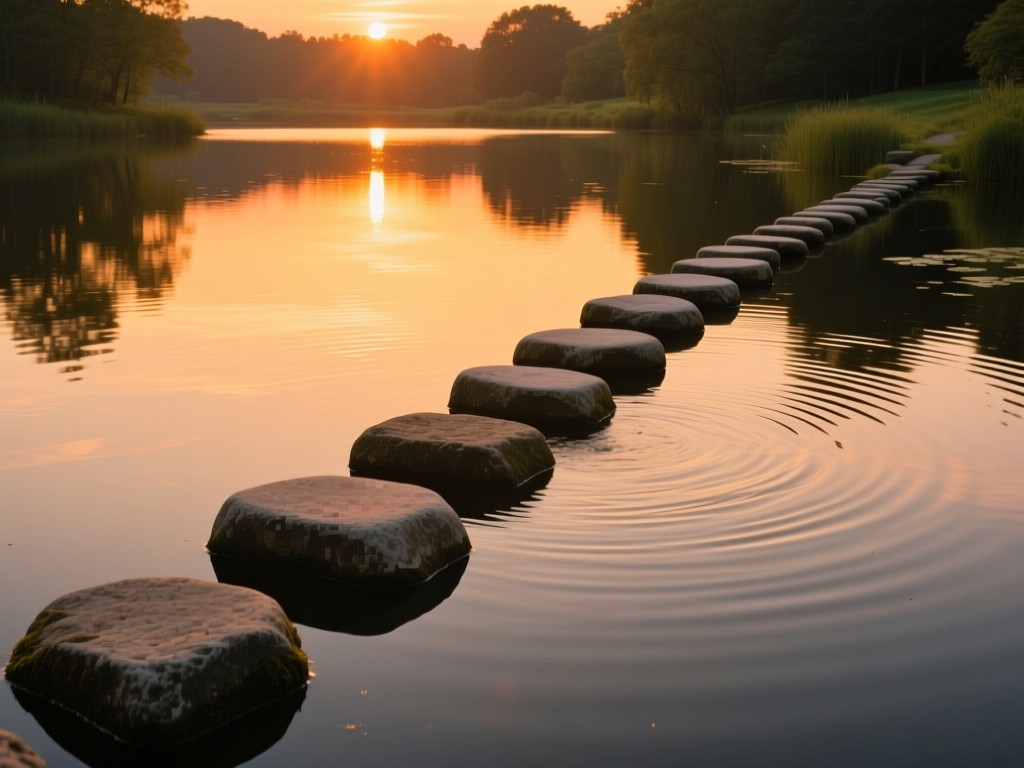A series of interconnected stepping stones across a tranquil pond during golden hour, reflecting warm sunset colors, representing progression, soft ripples, natural composition.