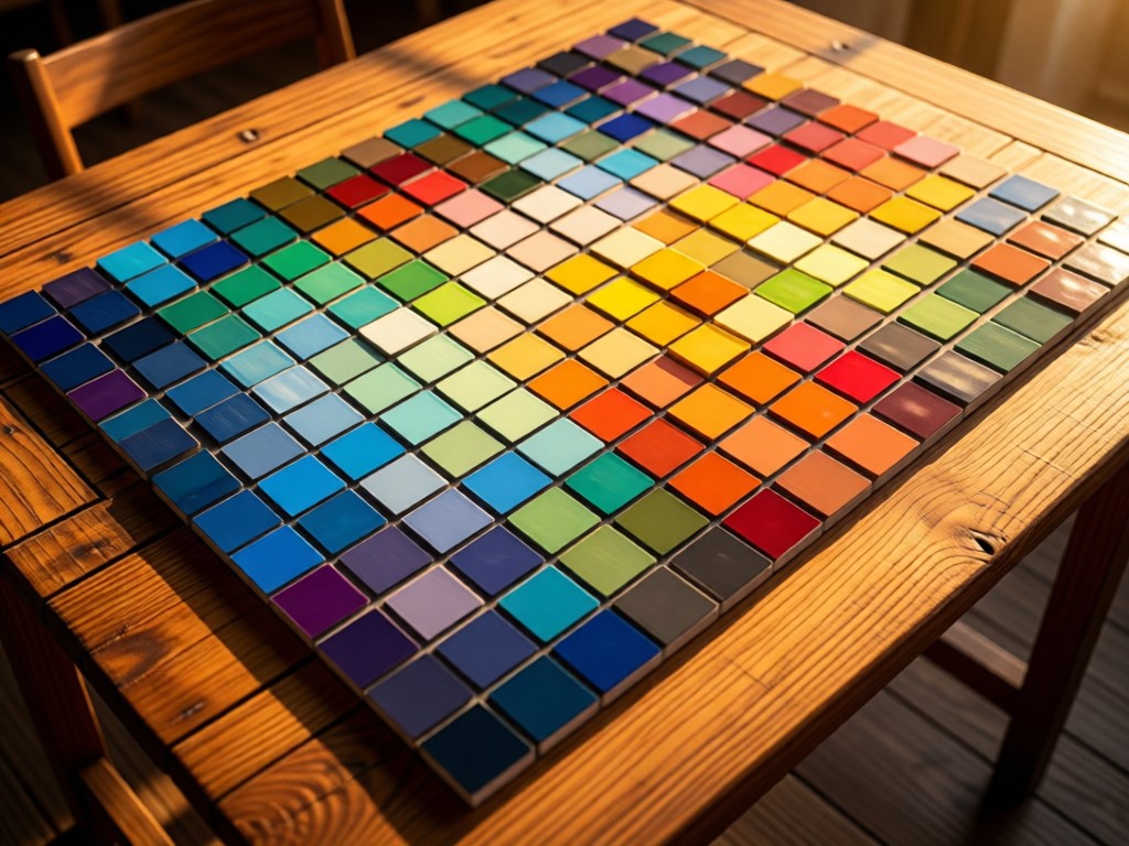 Aerial view of color-coded design swatches arranged like a mosaic on a wooden table. Golden hour lighting creates depth. No people.