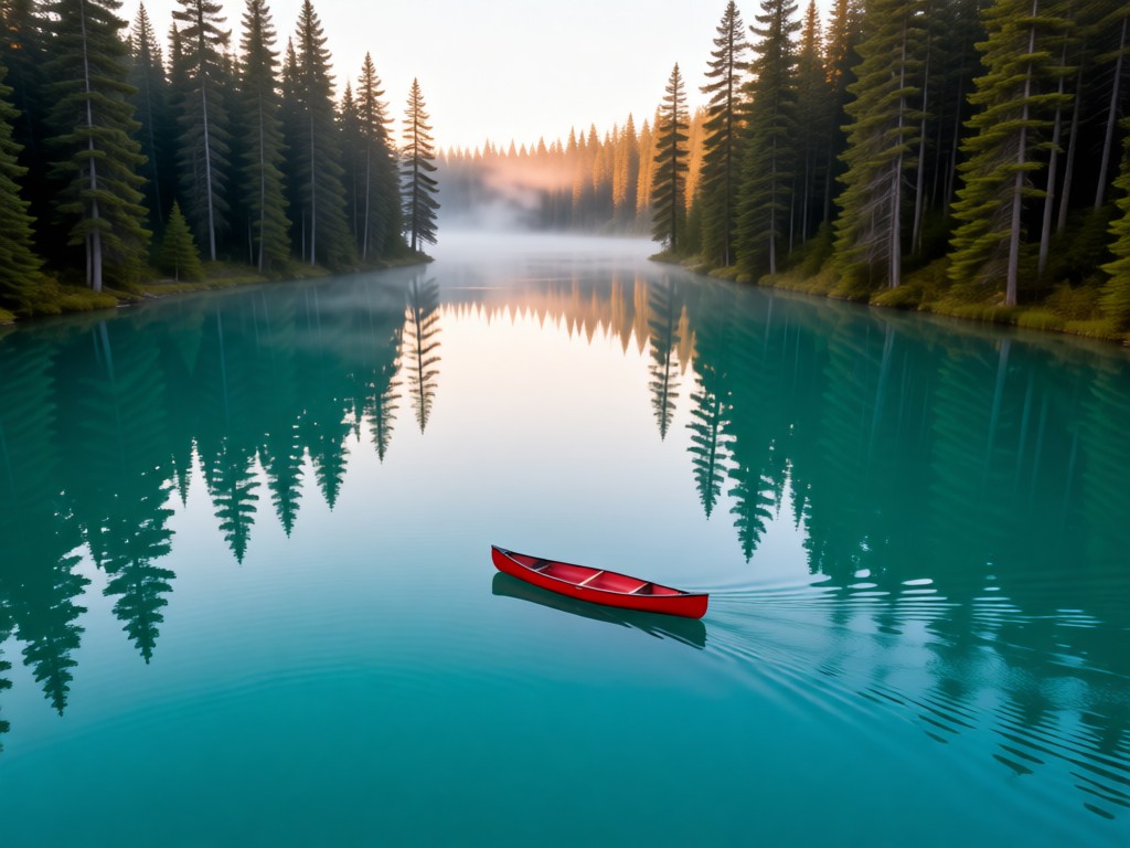 A drone shot of a red canoe on turquoise lake water. Pine forests frame the scene under soft morning light. Reflections create symmetry. No people.