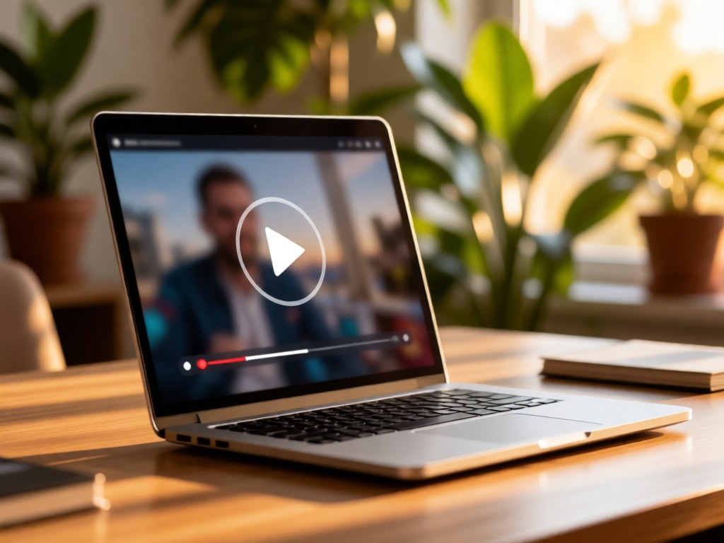 A modern laptop angled on a desk, showing a blurred video interface with play icon. Shallow depth of field with plants in background. Warm afternoon lighting. No people.