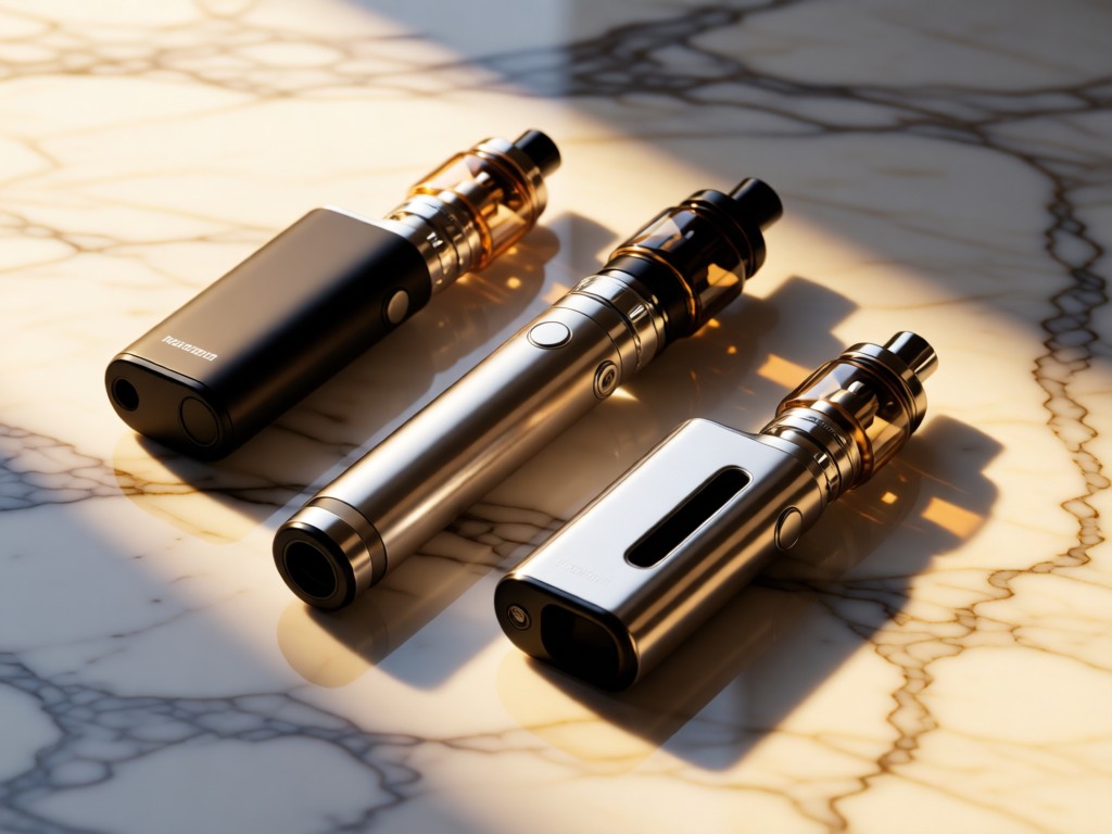 An artistic arrangement of Raz vape devices on a marble surface, angled to show sleek designs. Soft shadows and warm lighting highlight metallic finishes. No people.