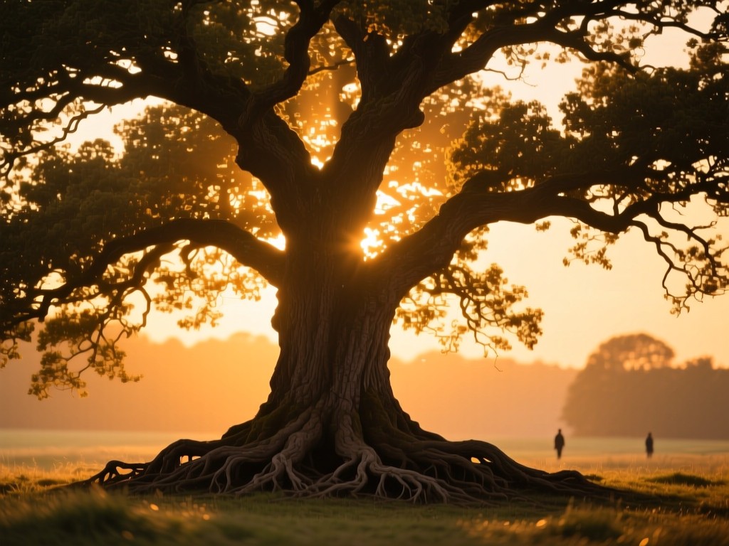 A majestic oak tree at golden hour with deep roots and sprawling branches, symbolizing relationship growth, warm sunset glow illuminating the canopy, soft focus background, no people.
