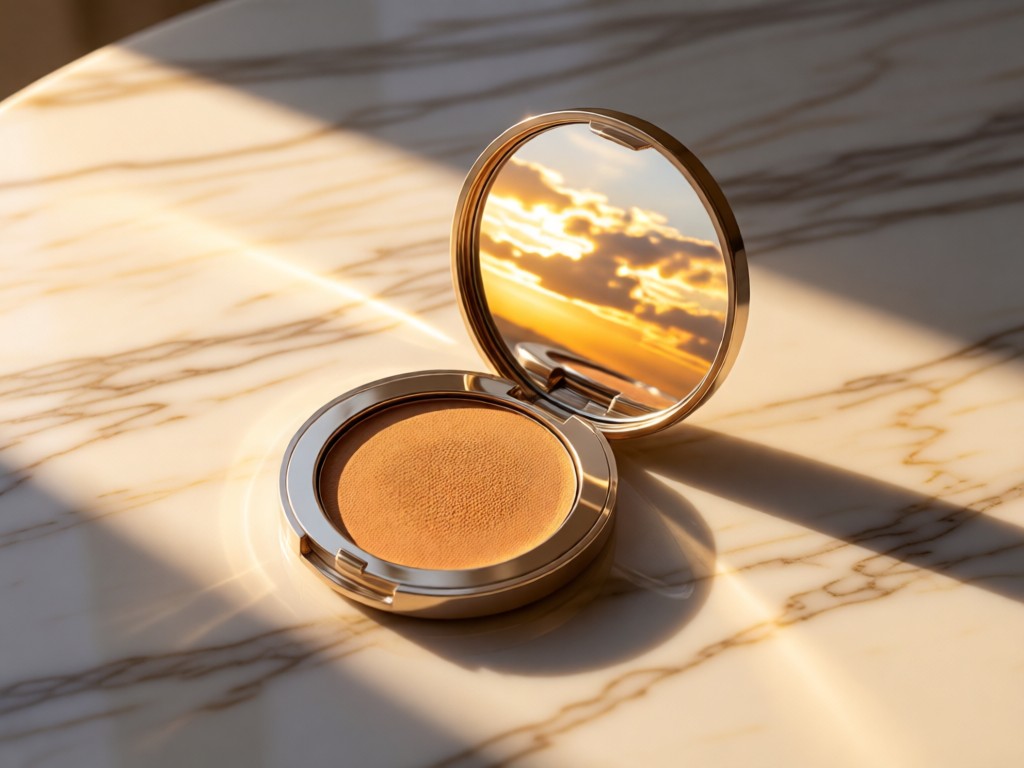 An aerial shot of a single, elegant makeup compact mirror open on a marble surface, reflecting golden hour clouds. Symbolizes focus and professional presentation. Soft shadows. No people.
