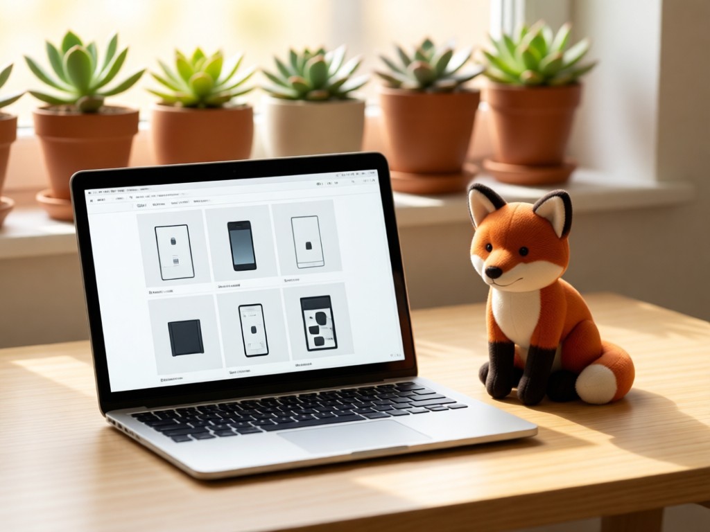 Minimalist desk with open laptop showing a clean product grid. A small finished plush fox sits beside it. Soft focus on potted succulents in background. Warm natural light.