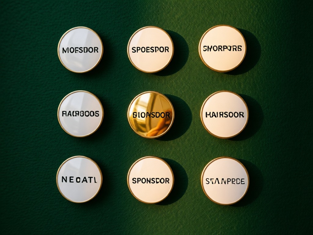 Neatly arranged sponsor logo pins on a dark green felt board. One pin reflects golden hour light. Minimalist composition.
