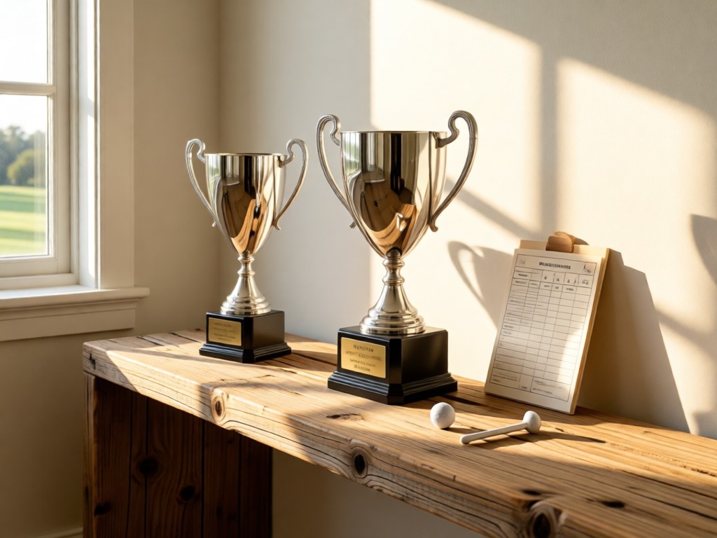 A minimalist display of golf trophies on a reclaimed wood shelf. Morning light streams through nearby windows, making the silver cups gleam. A scorecard and tee are arranged neatly beside them. No people.