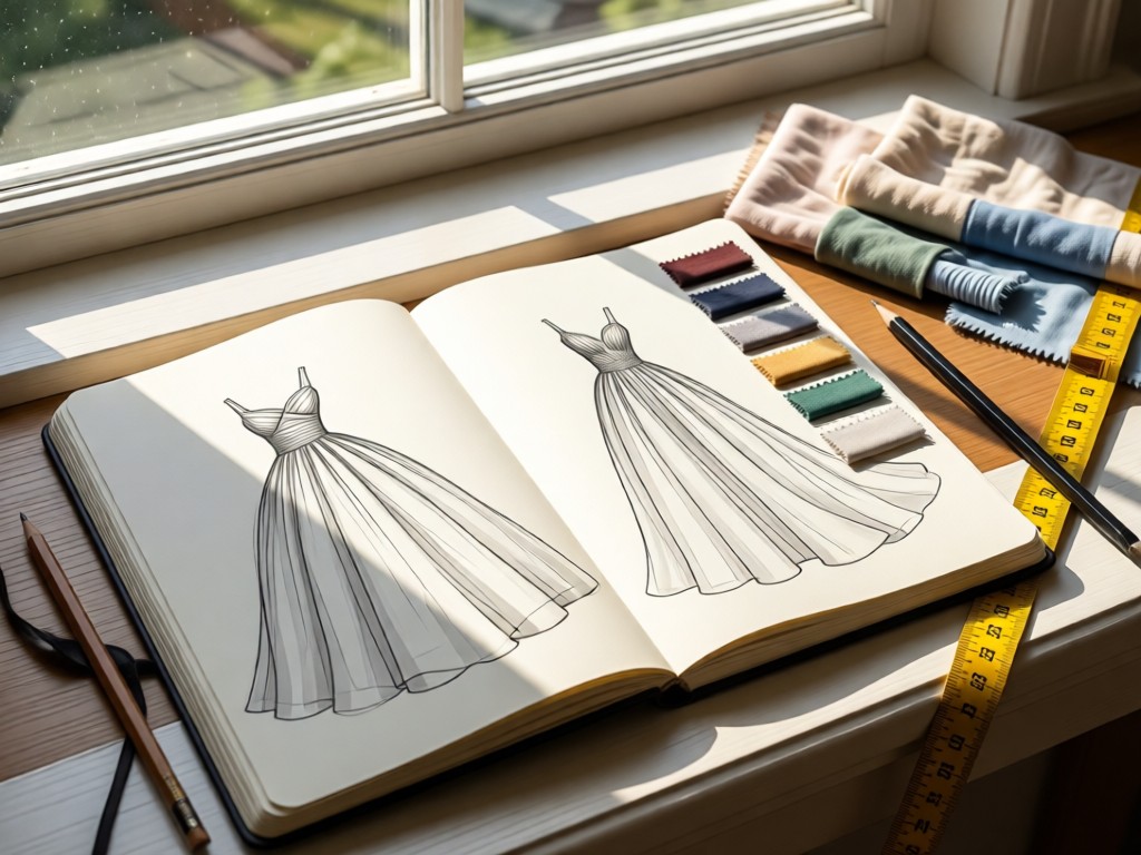 A designer's sketchbook open to prom dress drawings beside fabric swatches. Natural light from window illuminates textures. Pencils and measuring tape artfully arranged. No people.