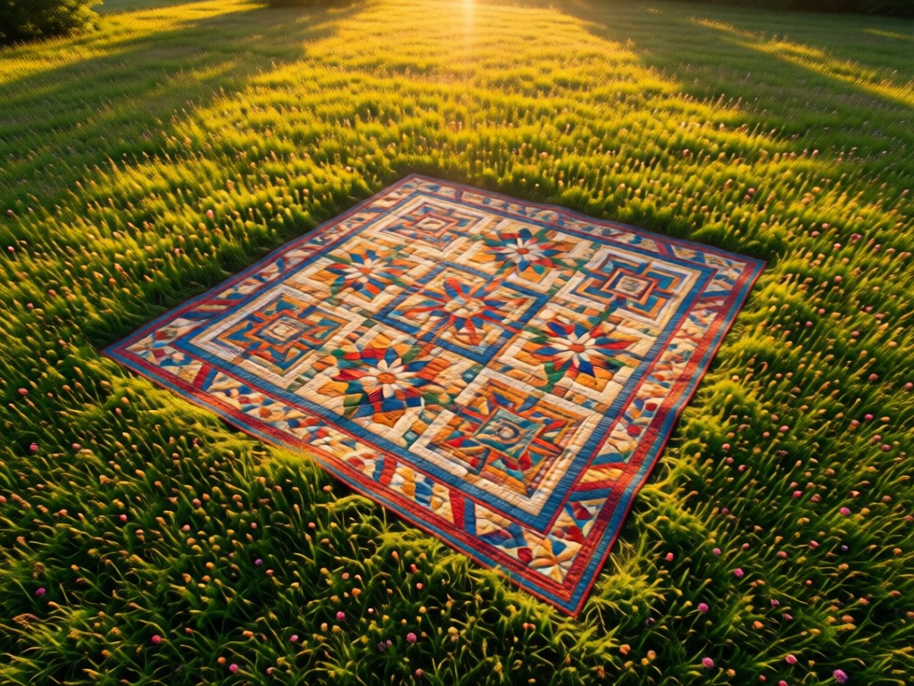 An aerial view of a single intricate quilt spread across a sun-dappled meadow during golden hour. The quilt stands out against natural greens, symbolizing central focus. No people.