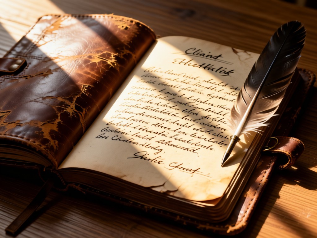 A weathered leather journal open to handwritten client testimonials beside a feather quill. Morning light streams across the page, illuminating ink textures. No people.