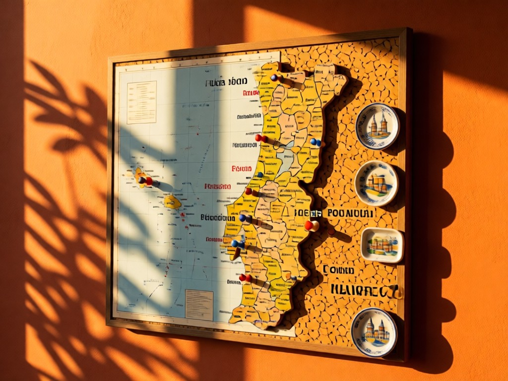 Rustic cork board with pinned Portugal map. Miniature ceramic dishes mark Porto, Lisbon, Algarve. Golden hour shadows on terracotta wall. No people.