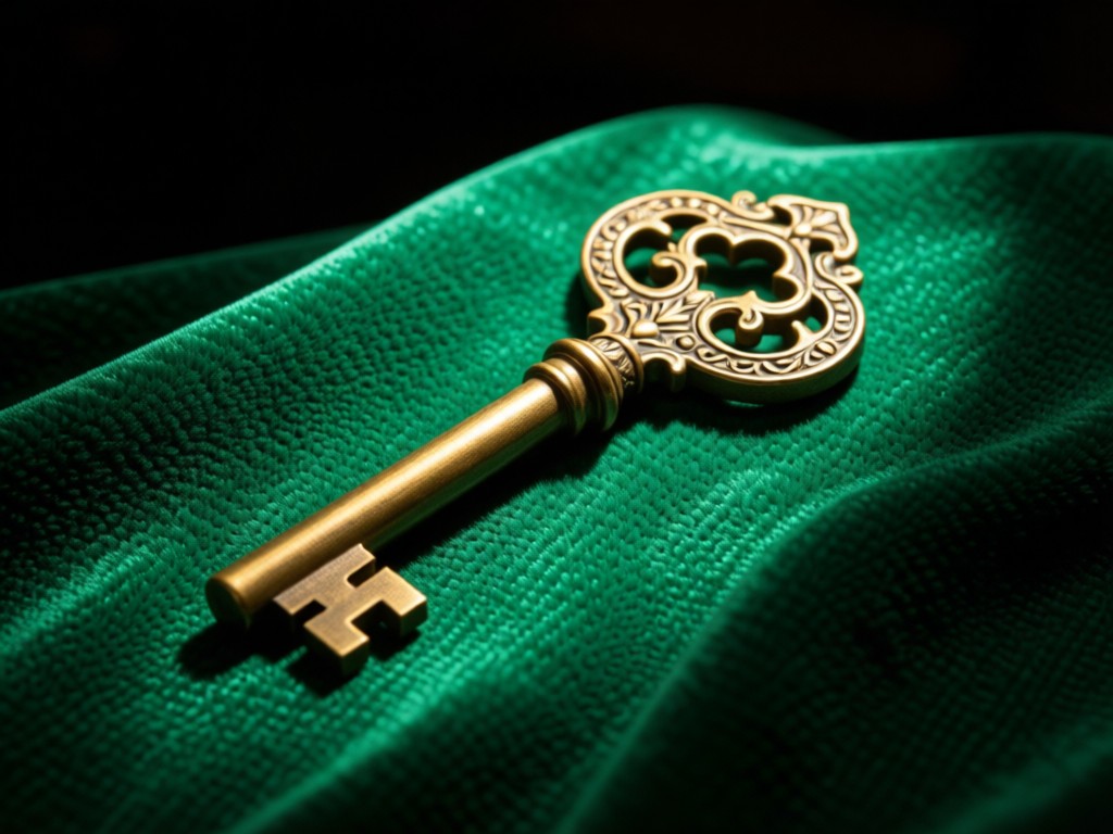 An ornate brass key resting on emerald velvet fabric. Soft spotlight effect against dark background. Textured fabric detail. No people.