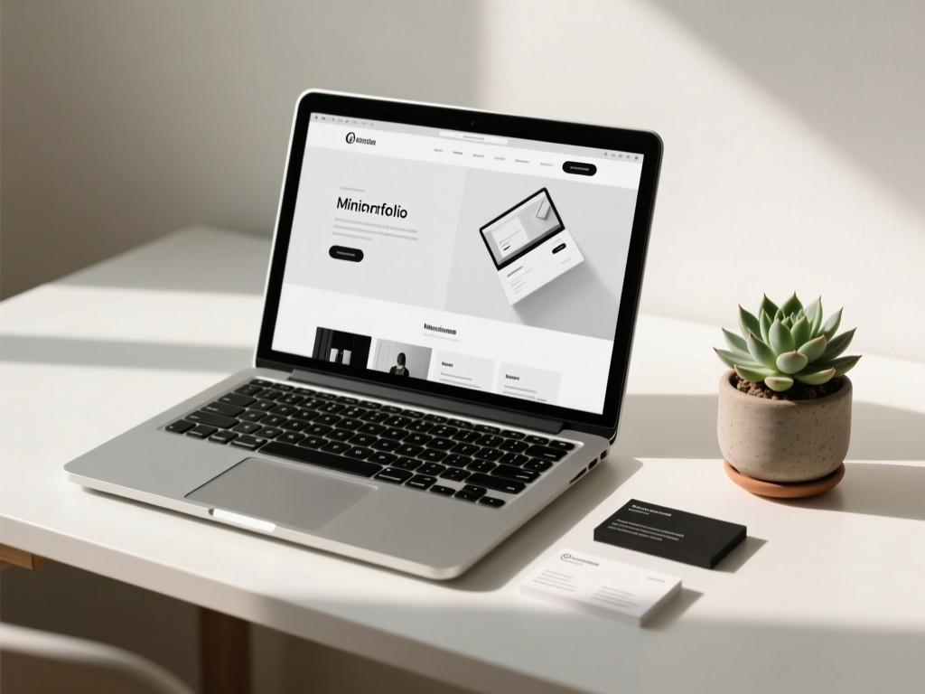 Minimalist desk with laptop displaying a clean portfolio site. Beside it, business cards and a small potted succulent. Soft natural light. No people.