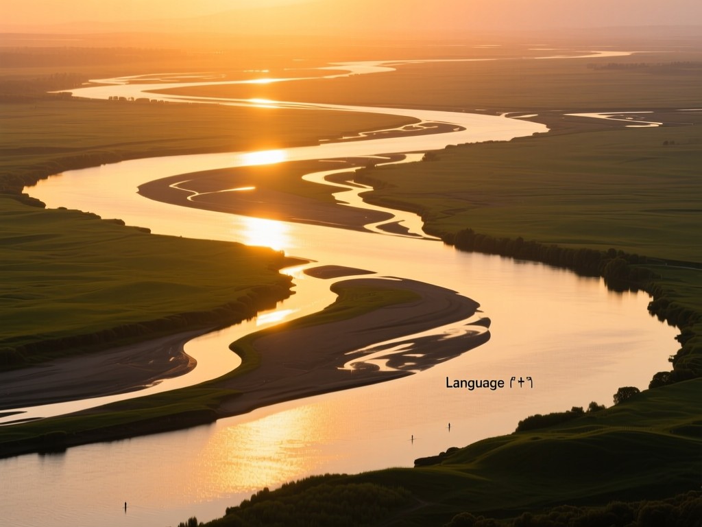 A branching river delta during golden hour symbolizing language learning paths merging, warm sunlight on water, vibrant natural colors, minimalist composition, no people.