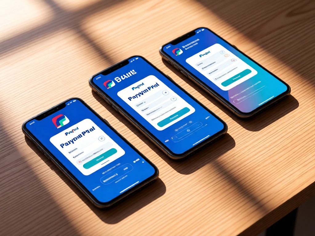 Three smartphones showing responsive PayPal checkout screens at different angles. Sunlight creates gradient shadows on a wooden desk. Clean tech aesthetic.