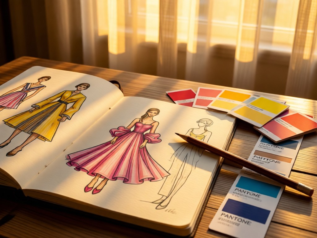 Open sketchbook showing fashion illustrations beside Pantone swatches. Pencil rests diagonally across paper. Golden hour glow through sheer curtains. Artistic process focus. No people.