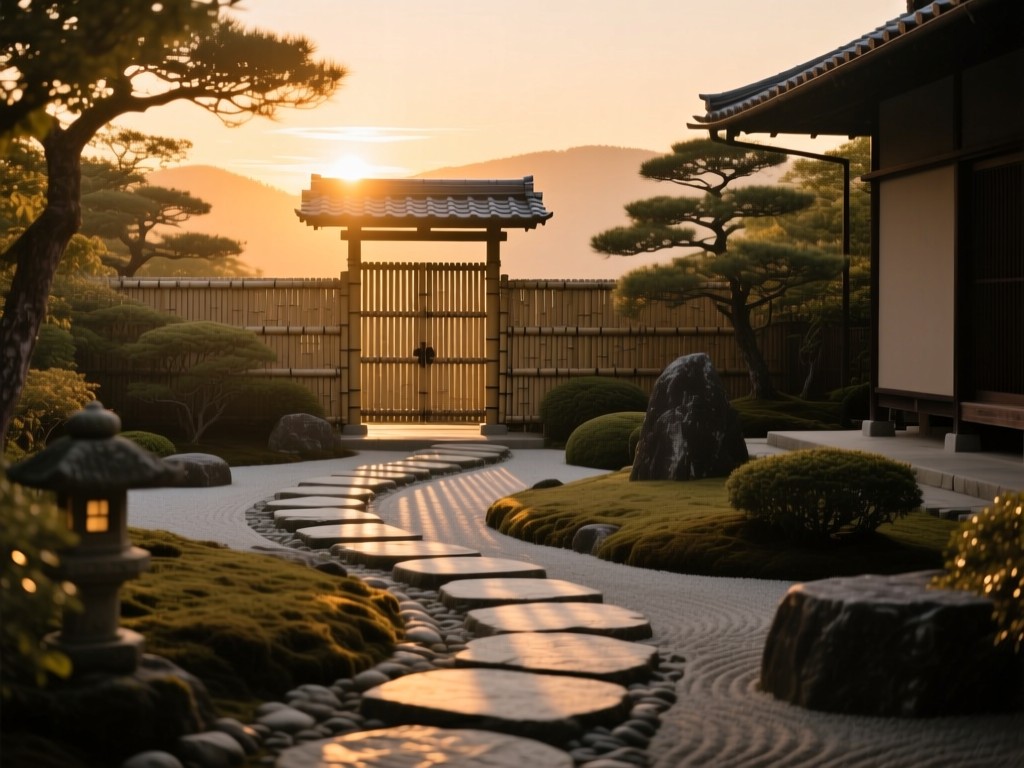 A winding stone path through a zen garden at sunset, leading to a simple bamboo gate, soft golden light casting long shadows, symbolic of discovery and growth, muted earth tones, ample negative space.