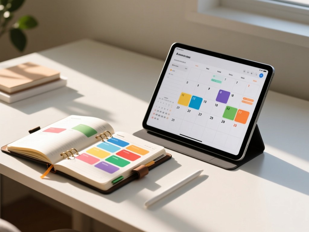 A minimalist desk with an open planner showing color-coded events next to a modern tablet displaying a digital calendar. Morning light highlights the organization. No people.