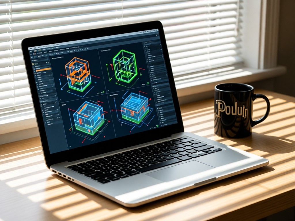 An angled shot of a sleek laptop displaying 3D engineering models beside a Purdue mug. Morning light filters through blinds creating clean stripes. Focus on technology and academia blend. No people.