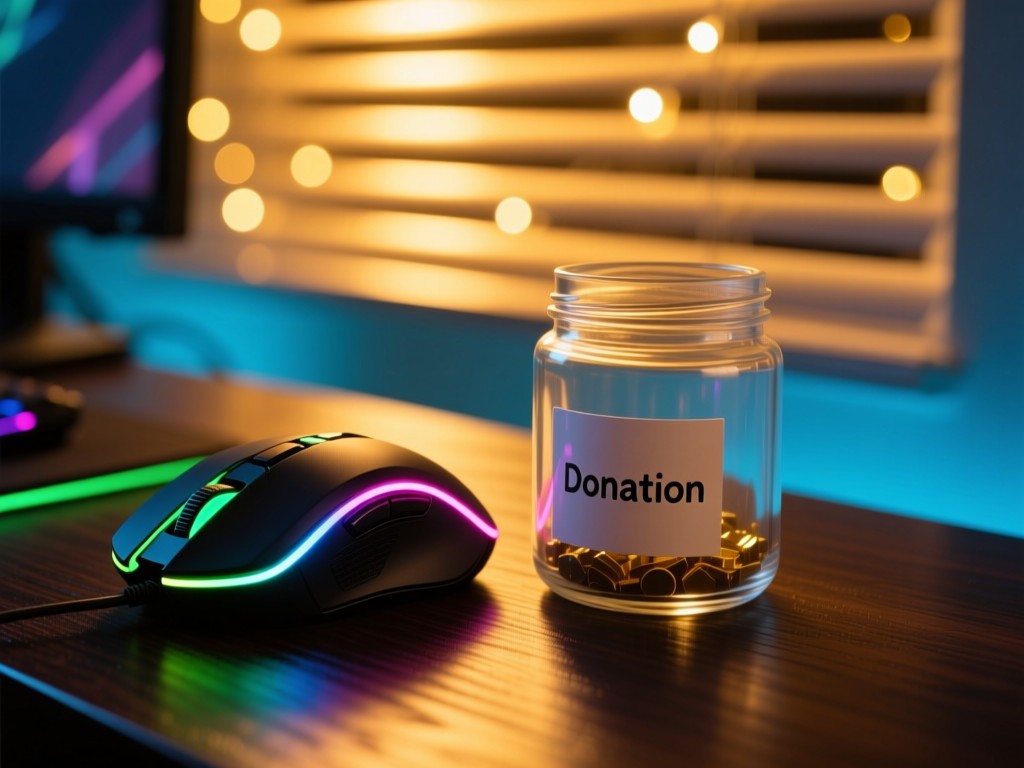 Neon-lit gaming mouse beside a transparent donation jar on a dark wood surface, golden hour streaks through blinds, bokeh lights, warm/cool contrast, no text.