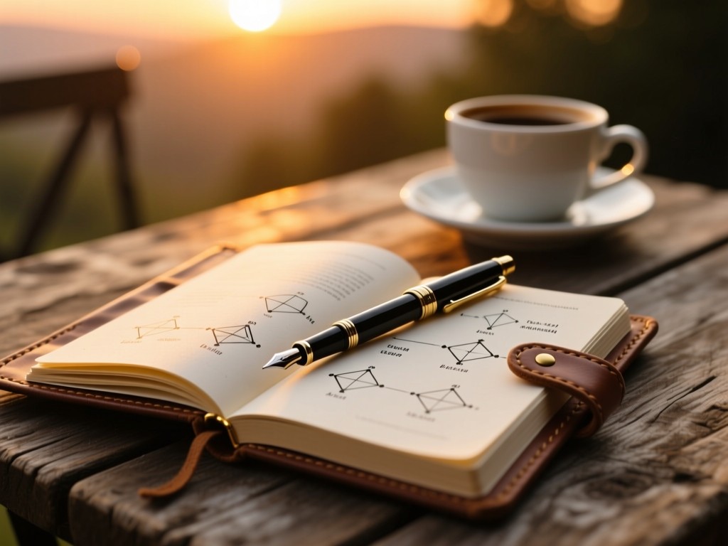 A leather-bound journal with fountain pen on rustic table during sunset, pages showing language diagrams, soft golden light, shallow depth of field, coffee cup in background, no visible text.