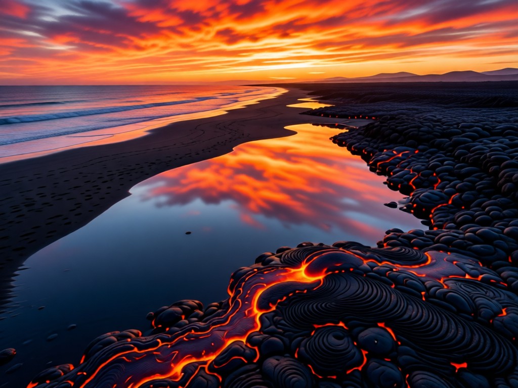 Aerial view of lava solidifying into obsidian on a beach at sunset. The glassy surface reflects fiery clouds. Contrast between molten flow and dark rock symbolizes transformation. No people.