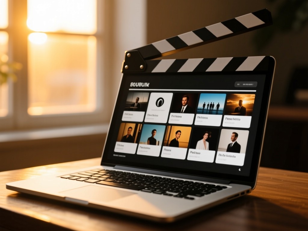 A sleek laptop open on a director's clapperboard during golden hour, screen displaying a film portfolio grid, soft window light, shallow depth of field, warm cinematic tones.