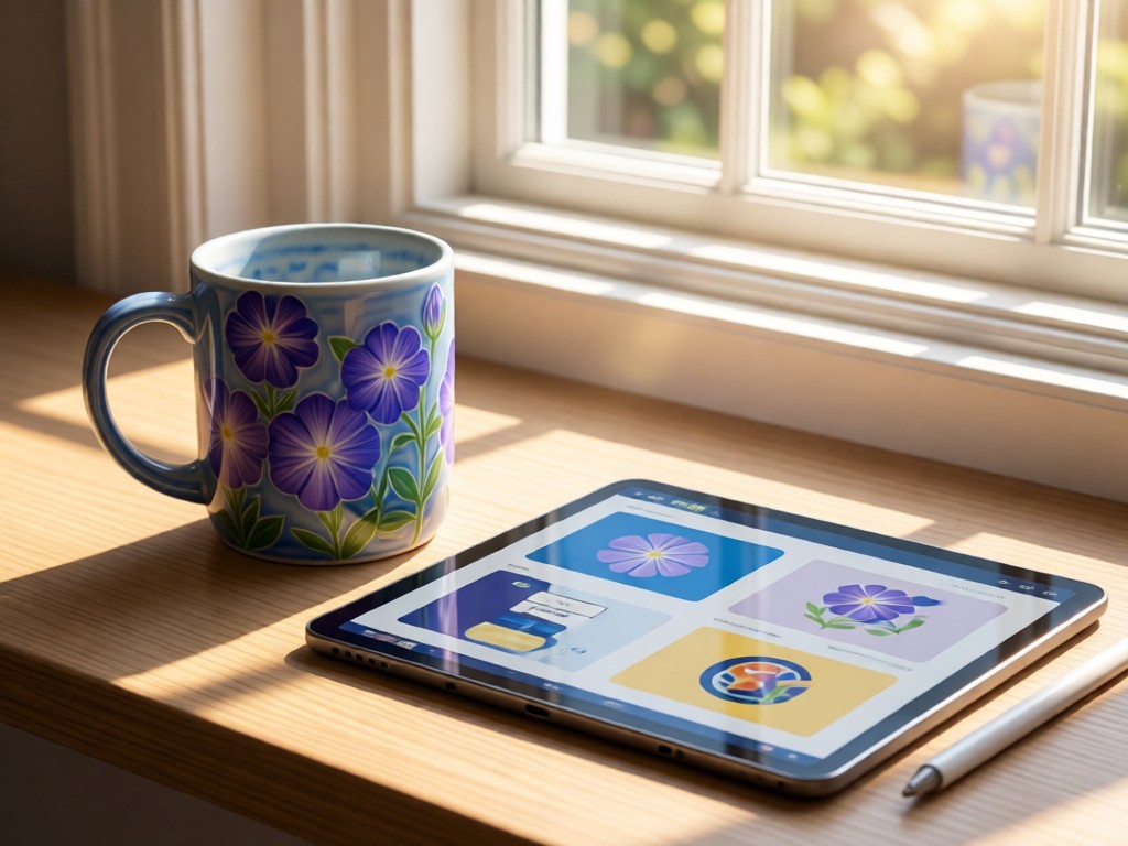 A heliotrope ceramic mug beside a tablet showing portfolio designs. Morning light through a window creates soft reflections on both surfaces. Emphasizes device adaptability. No people.