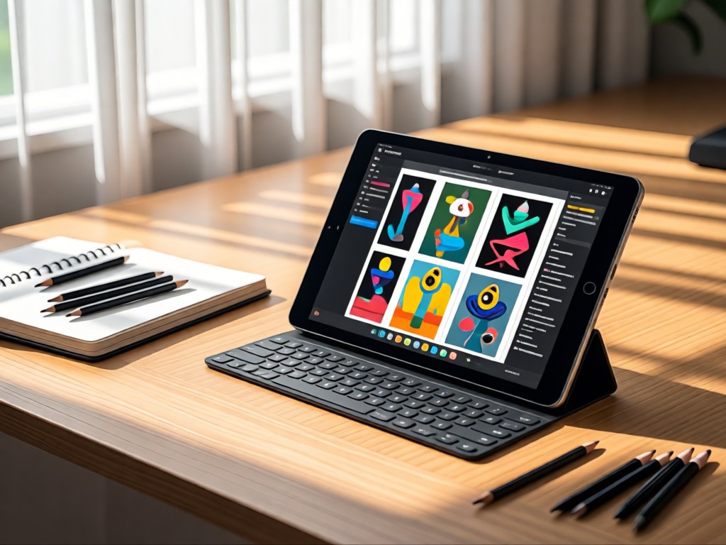 A modern tablet displaying a digital art portfolio beside a sketchbook and charcoal pencils. Sunlight filters through sheer curtains onto a clean wooden desk. No people.