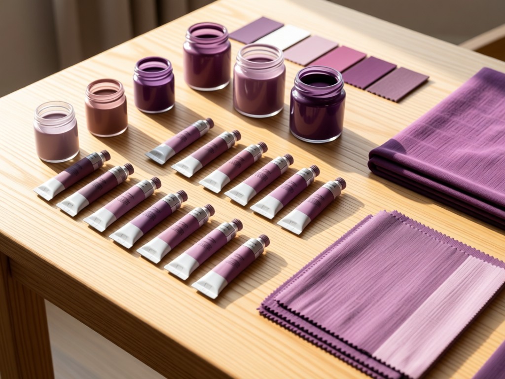 A curated arrangement of mauve paint tubes, pigment jars, and fabric samples on a light oak table. Soft morning light creates gentle gradients across surfaces. Focus on material textures and color harmony. No people.