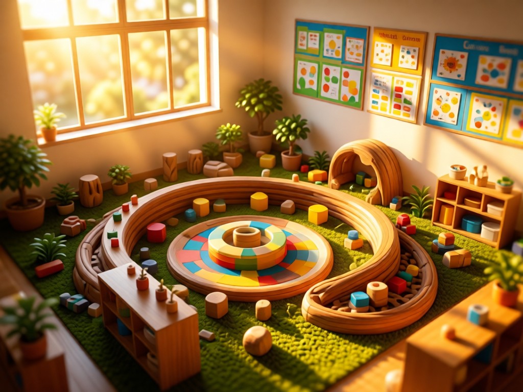 Top-down view of a vibrant sensory play corner with natural materials. Soft-focus background shows sunlit windows and educational posters. Warm golden hour lighting. No people.