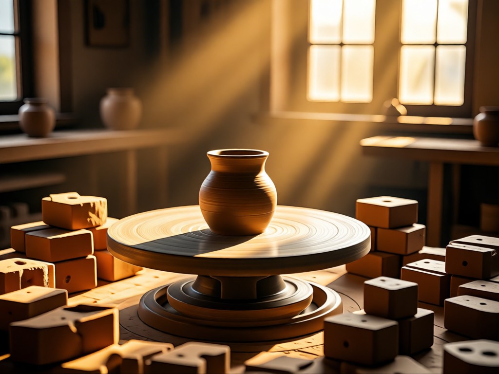 A single potter's wheel centered in a sunlit studio, surrounded by raw clay blocks. The wheel symbolizes craftsmanship meeting technology. Golden hour beams through high windows. No people.