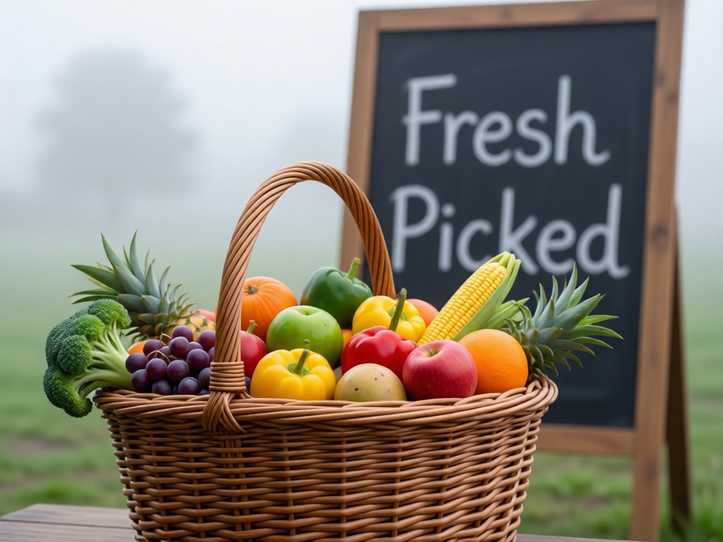 Artisanal woven basket filled with colorful produce. Soft focus on chalkboard signage reading 'Fresh Picked' in background. Morning mist atmosphere. No people.