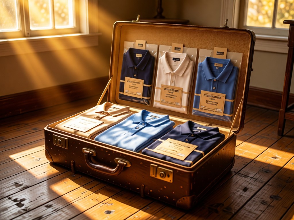 An open vintage suitcase displaying neatly folded polo shirts in outlet packaging. Golden hour light streams through nearby windows creating warm highlights. Positioned on distressed wooden flooring with no people.