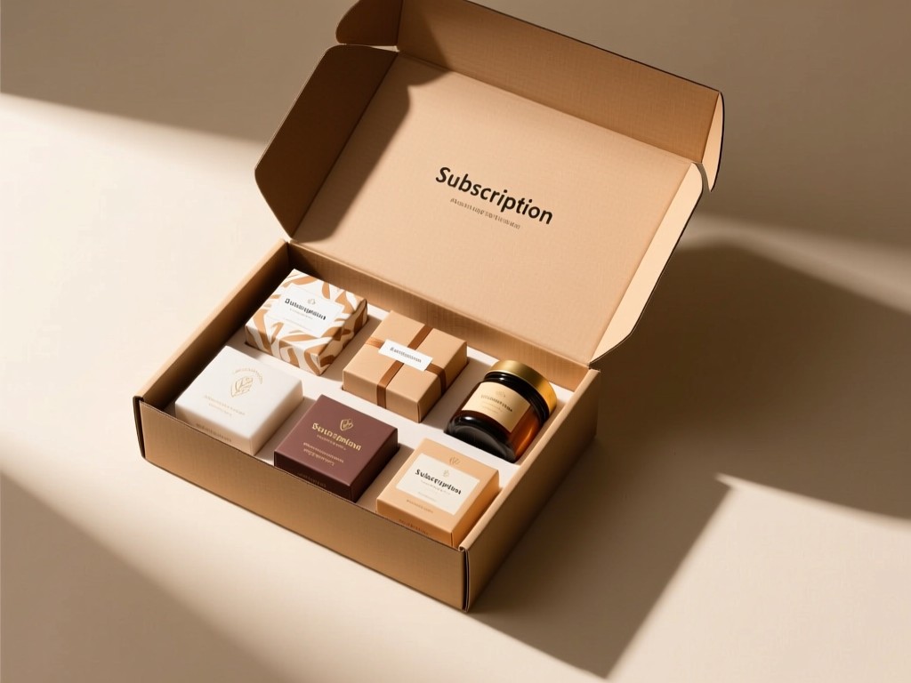 An aerial view of a perfectly arranged subscription box with curated items on a neutral background. Soft shadows and warm lighting create depth. No people.