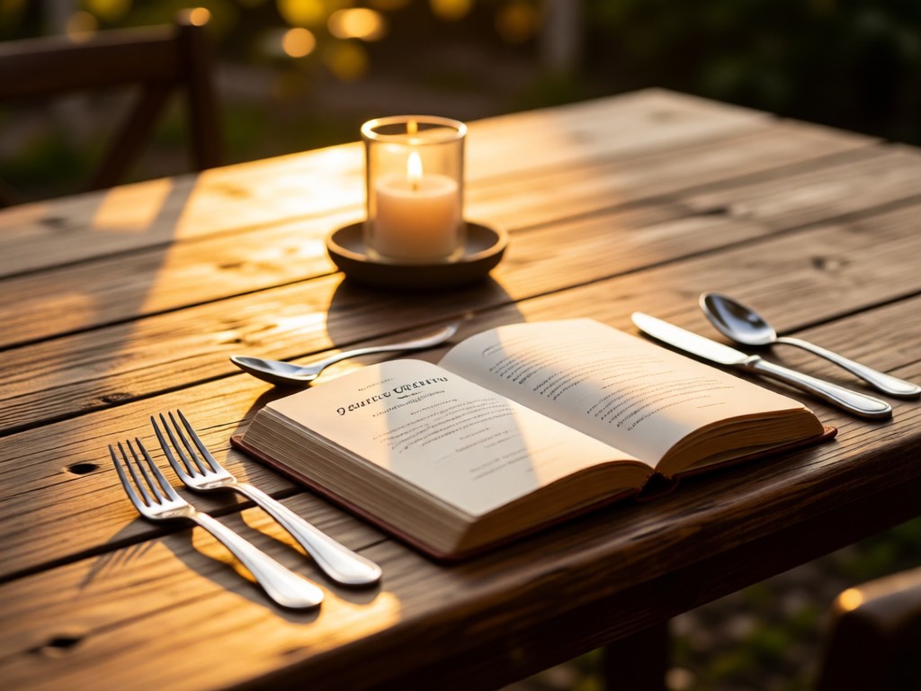 A rustic wooden table set with cutlery and a reservation book open. Soft focus on a candle centerpiece. Golden hour ambiance. No people.